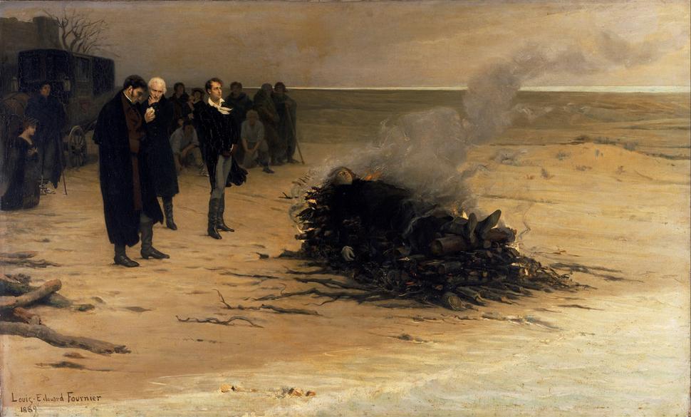 Louis Edouard Fournier: Pohreb Shelleyho, 1889. Shelleyho telo obradne spaľujú na talianskom pobreží. Prítomný bol aj George Byron (s bielou šatkou okolo krku), ktorý mal záujem o Shelleyho lebku.