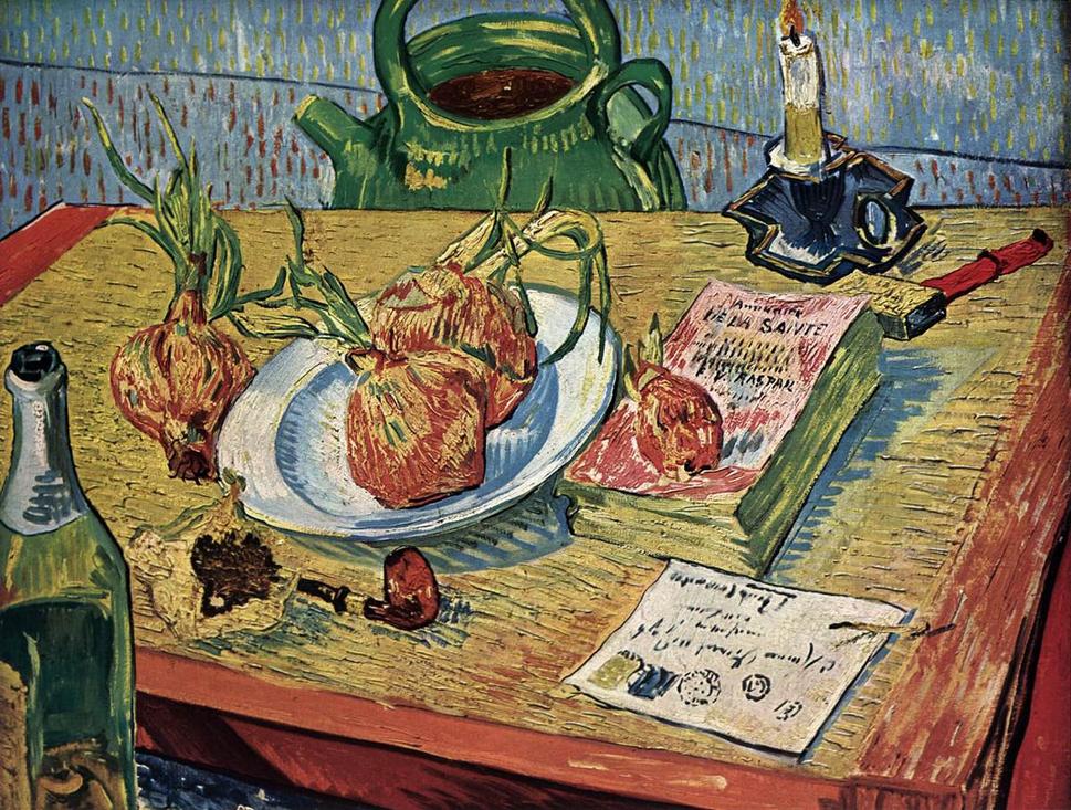 Vincent van Gogh: Zátišie s cibuľami, január 1889. Na obraze vpravo dolu je vidno obálku, ktorú experti identifikovali ako list od jeho brata Thea. Dostal ho 23.decembra 1888, teda v deň, keď si odrezal ucho.