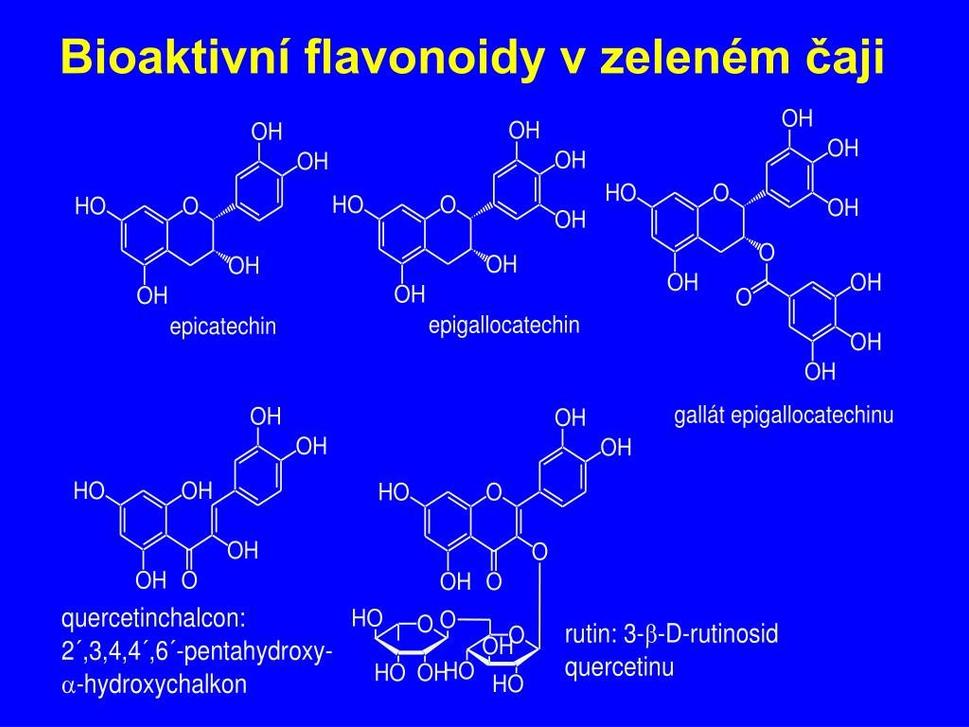 Obr. 3: Najčastejšie sa vyskytujúce katechíny v zelenom čaji, spresnenie v texte. Zdroj:_ https://www.slideserve.com/toril/p-rodn-barviva