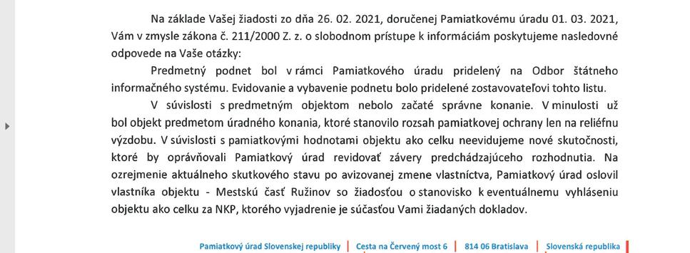 Odpoveď Pamiatkového úradu na žiadosť o sprístupnenie informácií