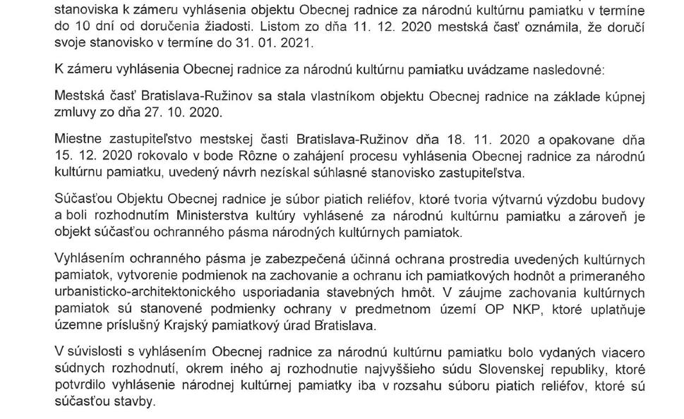 Stanovisko mestskej časti Ružinov