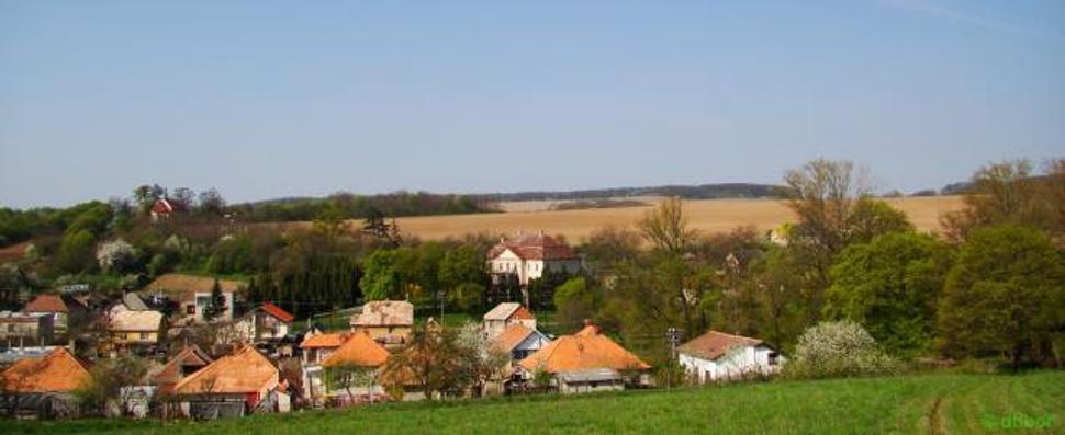Pohľad na obec Sečianky z juhovýchodu. V centre kaštieľ rodu Lipthay a vľavo na kopci kostol sv. Kozmu a sv. Damiána.