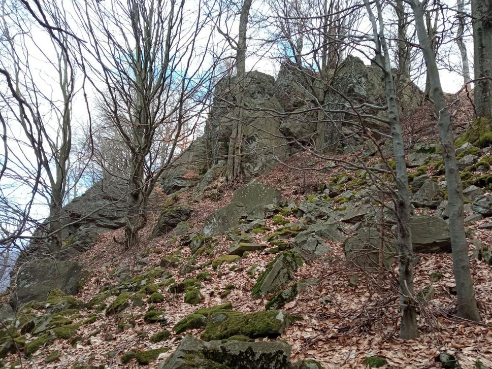 Pohľad na skalnaté bralá zospodu.