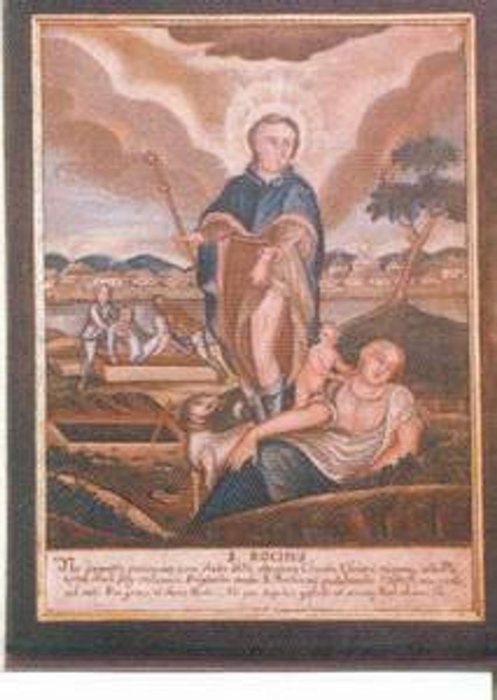 "Cholera v Gombáši" od neznámeho autora. Obraz je umiestnený v sakristii kostola