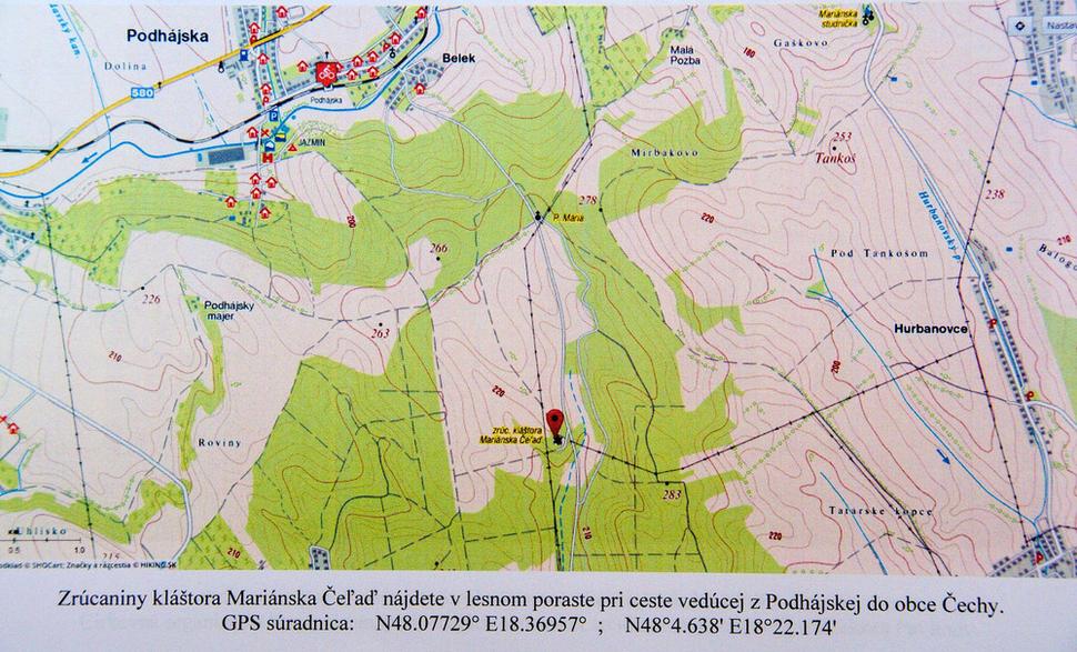 Zrúcaniny kláštora Mariánska Čeľaď nájdete v lesnom poraste pri ceste vedúcej z Podhájskej do obce Čechy. GPS súradnica N48.07729° E18.36957° ; N48°4.638' E18°22.174'