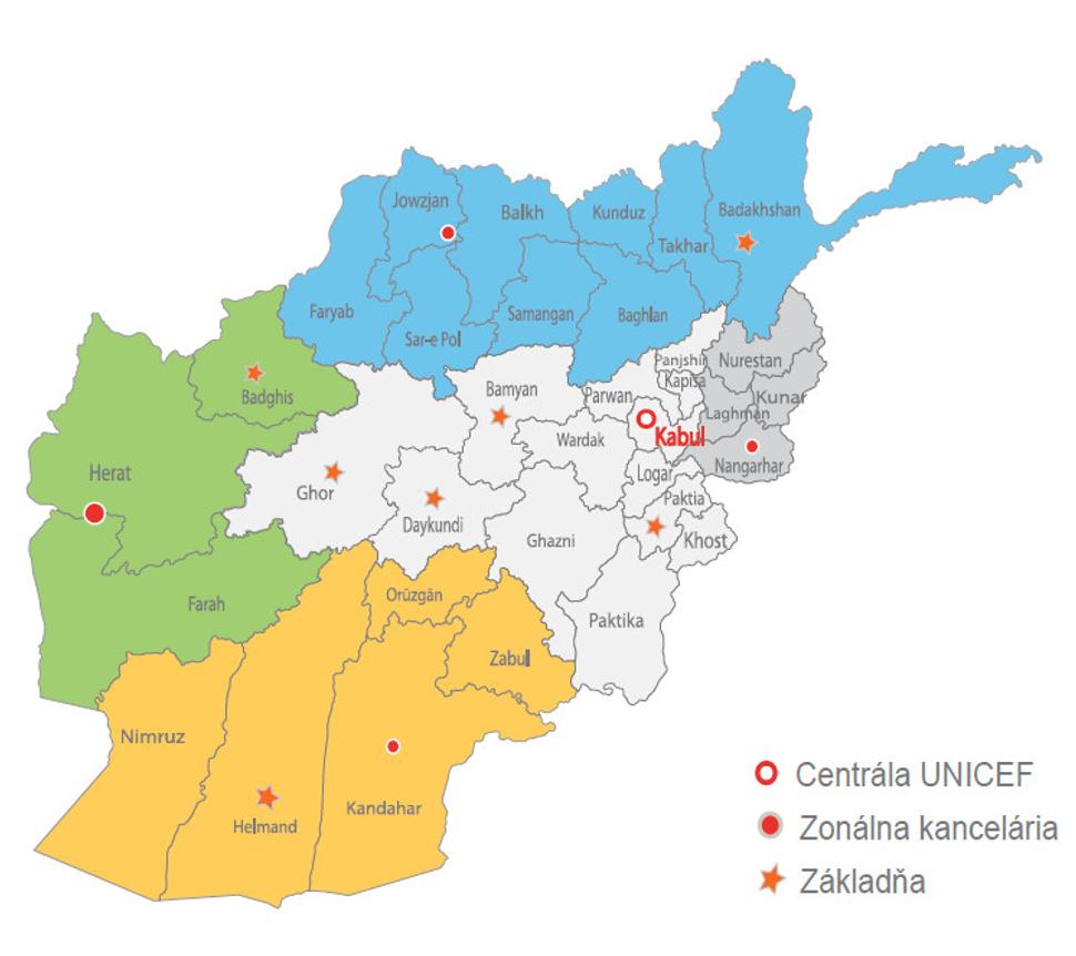 Mapa s pozíciami UNICEFu v Afganistane