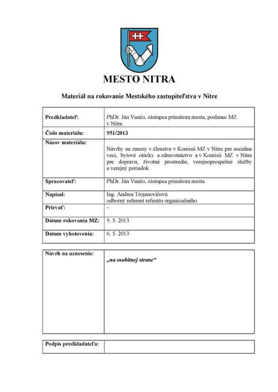 Materiál na rokovanie Mestského zastupiteľstva v Nitre