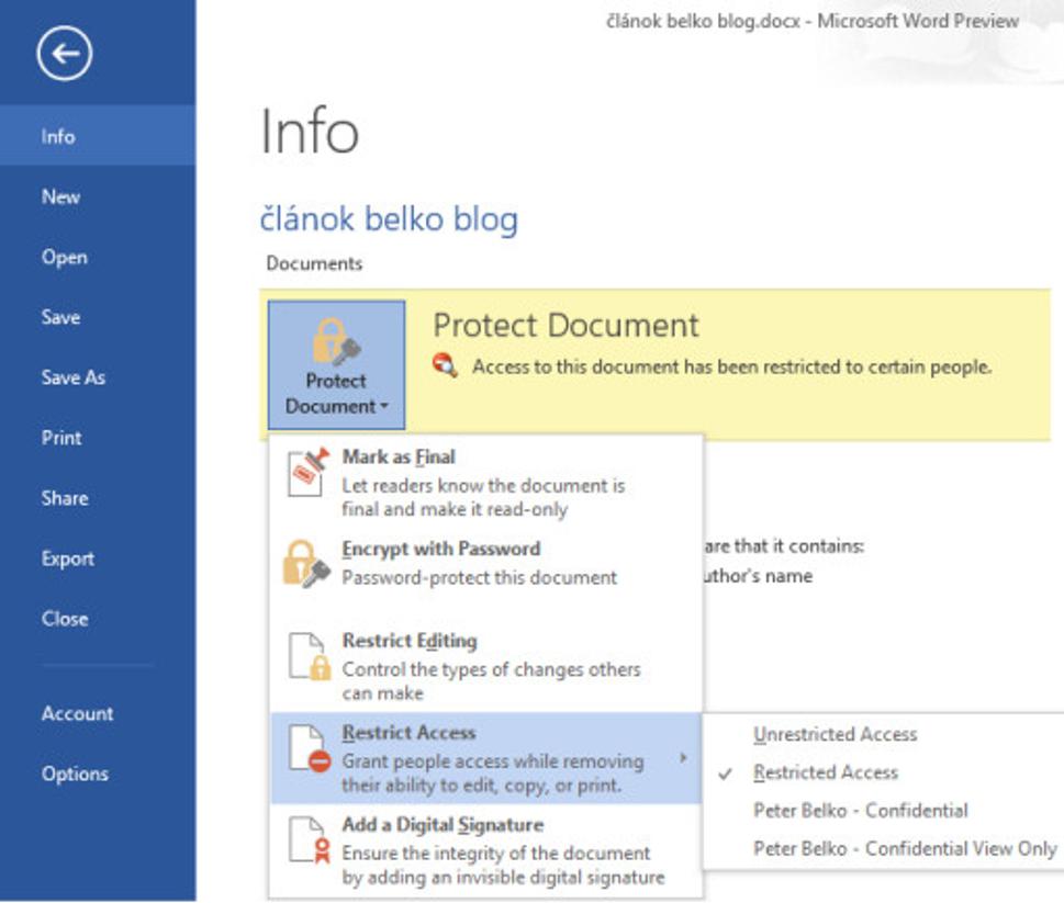 Office 365 Word 2013 zapnutie IRM ochrany