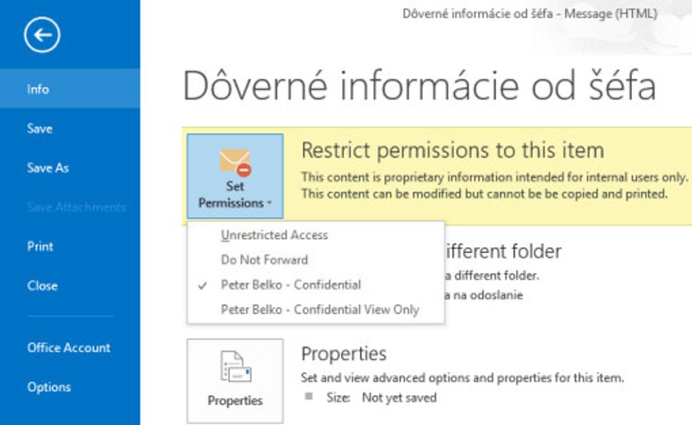 Office 365 Outlook 2013 zapnutie IRM ochrany