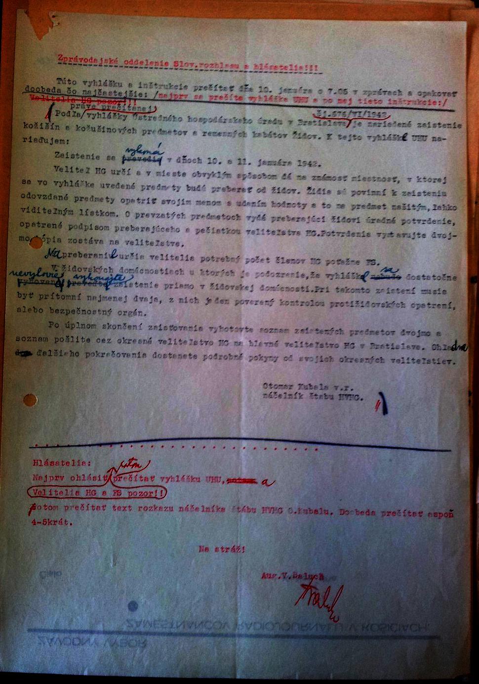 Text nariadenia náčelníka štábu HVHG O. Kubalu Slovenskému rozhlasu v roku 1942