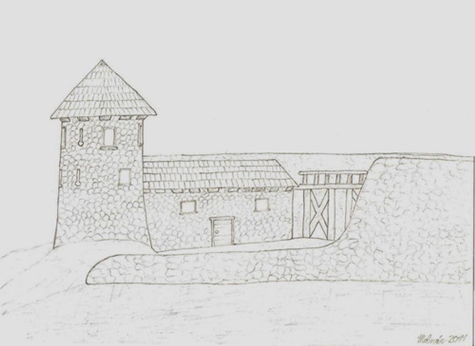 Kreslená rekonštrukcia hrádku nad Podhoroďou, stav. z cca 15. storočia (C) P. Molnár 2011