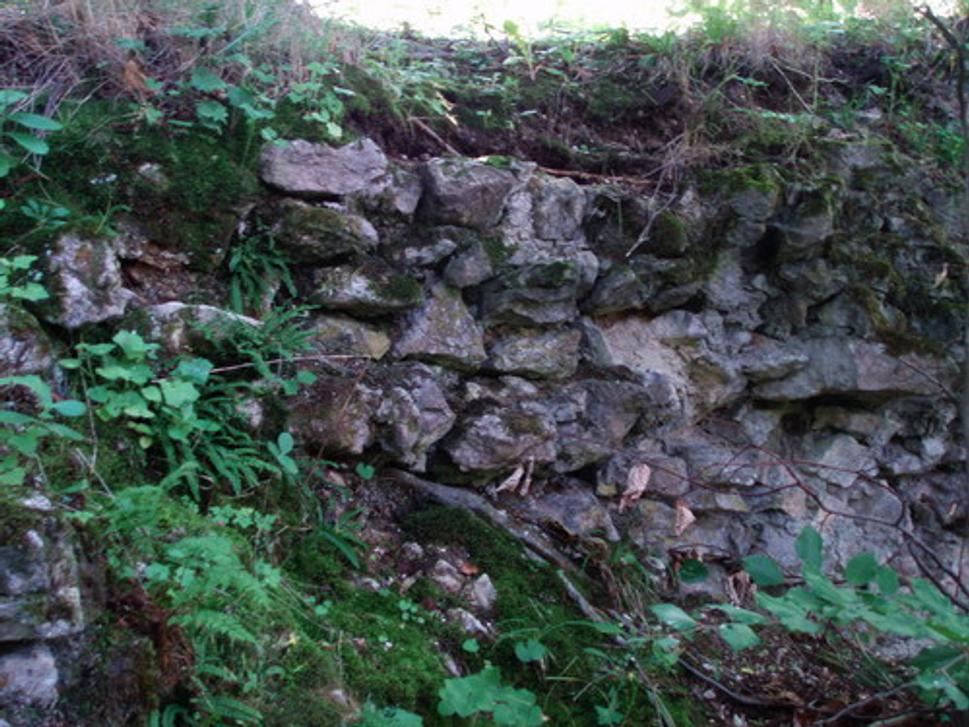 Zrúcaniny obvodovej hradby (severný okraj skalnej vyvýšeniny hrádku)