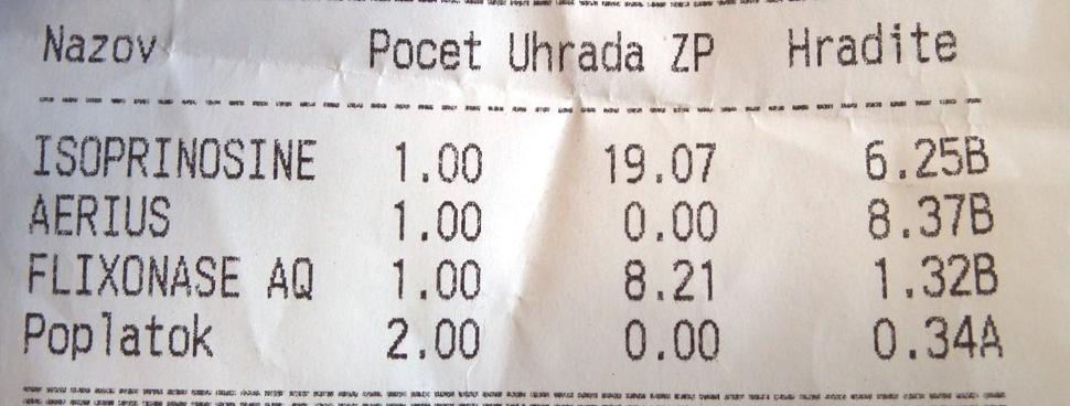 ˇUčet z lekárne. Vidieť, že na 120 ml Aerius nedá poisťovňa ani euro.