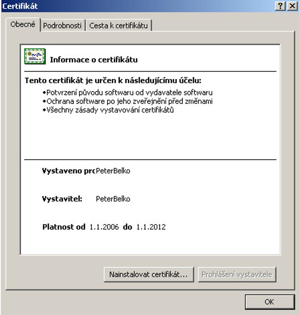 Ukážka okna certifikátu