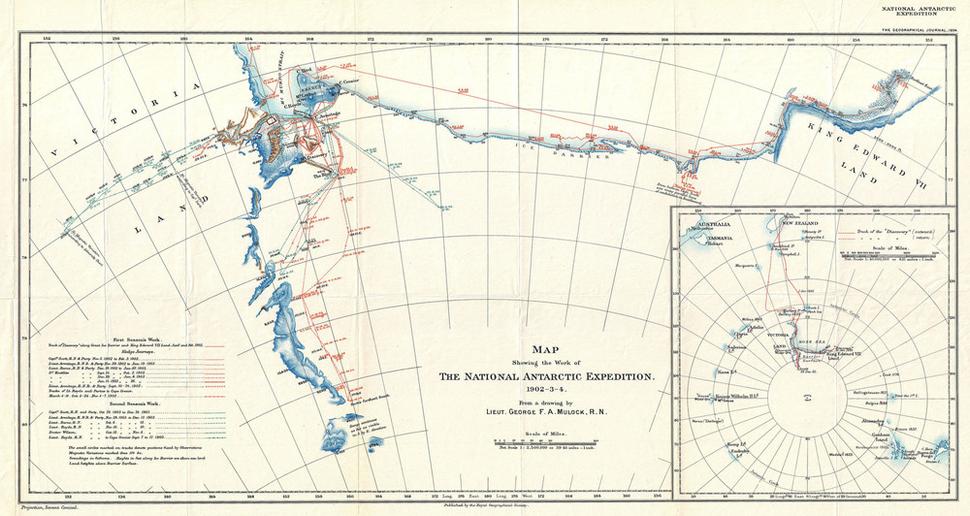 Originálna mapa celej Expedície Discovery - doporučujem si na ňu dvakrát klinúť a potešiť sa detailami. Červené trasy predstavujú výpravy z prvej sezóny a zelené z druhej.