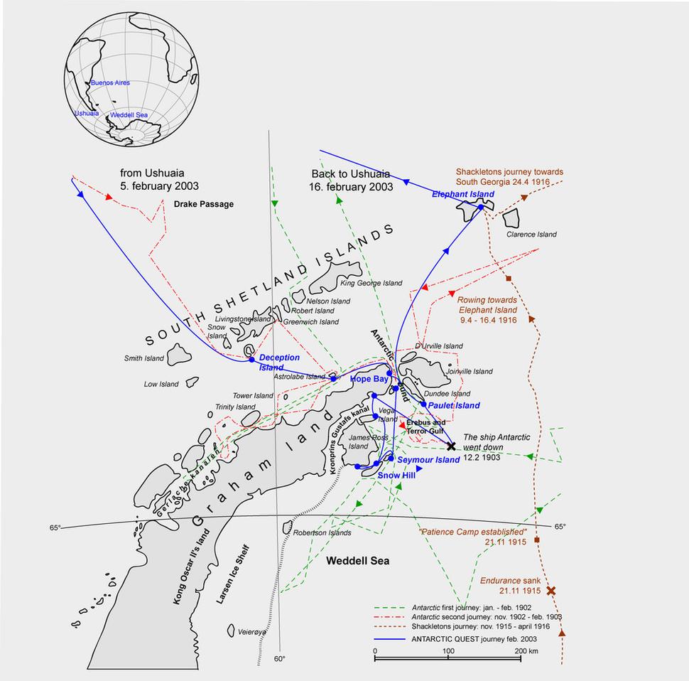 Mapa s trasami Nordenskjöldovej exedície. Zelená prerušovaná čiara - trasa lode Antarctic v roku 1902. Červená bodkočiarkovaná čiara - trasa lode Antarctic medzi nov. 1902 - feb. 1903. Modrá plná čiara - trasa záchrannej lode Uruguay nov. 1903 - feb. 1904