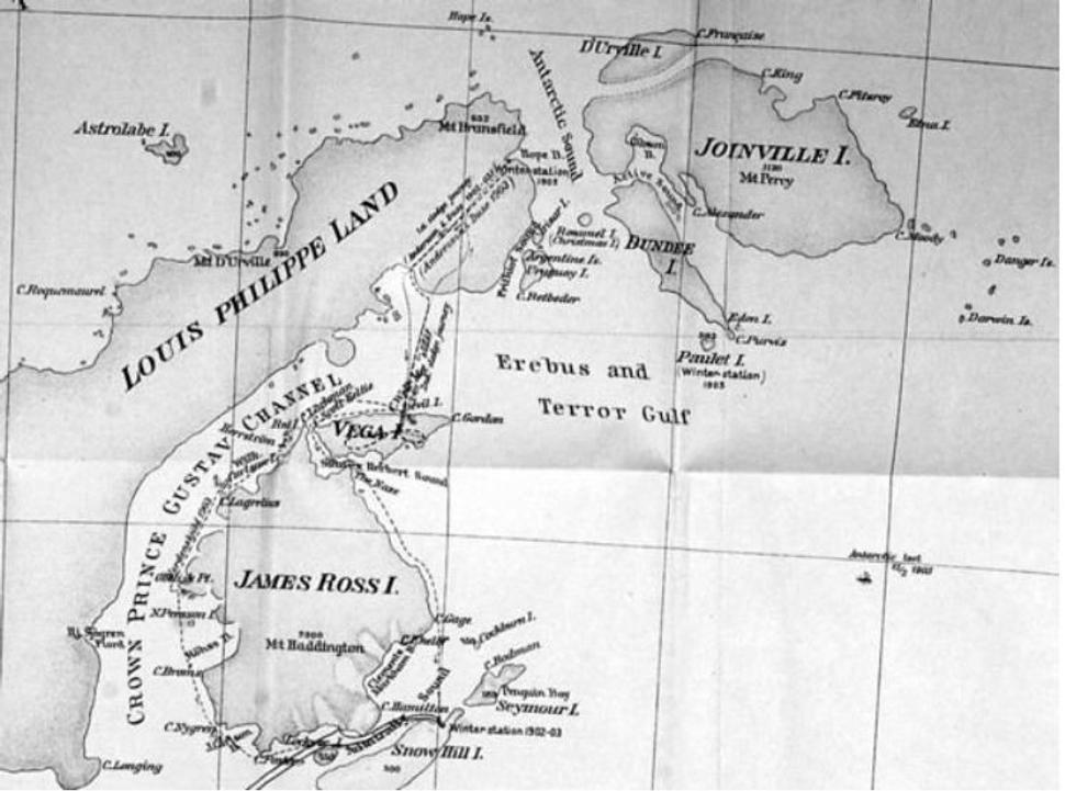 Mapa oblasti Antarktického polostrova, ktorá bola cieľom Nordenskjöldovej expedície