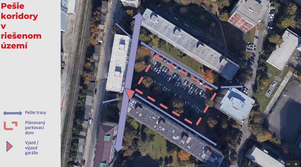 Navrhované miesto výstavby parkovacieho domu (červená prerušovaná čiara)