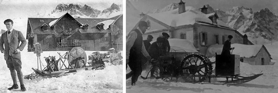 Testovanie motorizovaných saní v Col du Lautaret. Na obrázku vľavo je osamotený Scott s jedným prototypom, kým vpravo skupina mužov s Charcotom testujú iný.