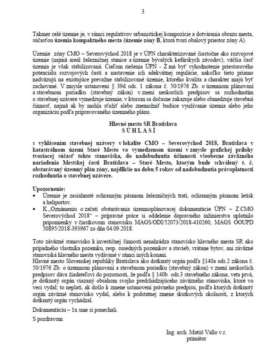 Súhlas magistrátu s vyhlásením stavebnej uzávery CMO Severovýchod