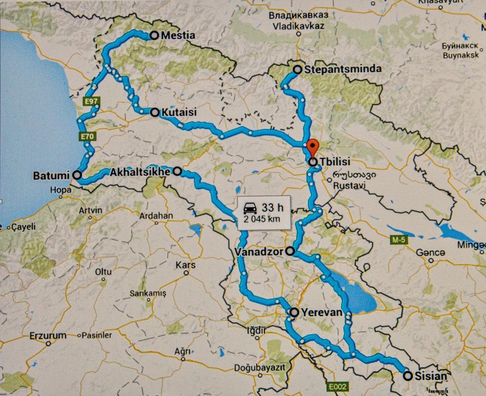Naša cesta autom po Gruzínsku a Arménsku s vyznačením miest, v ktorých sme boli ubytovaní.