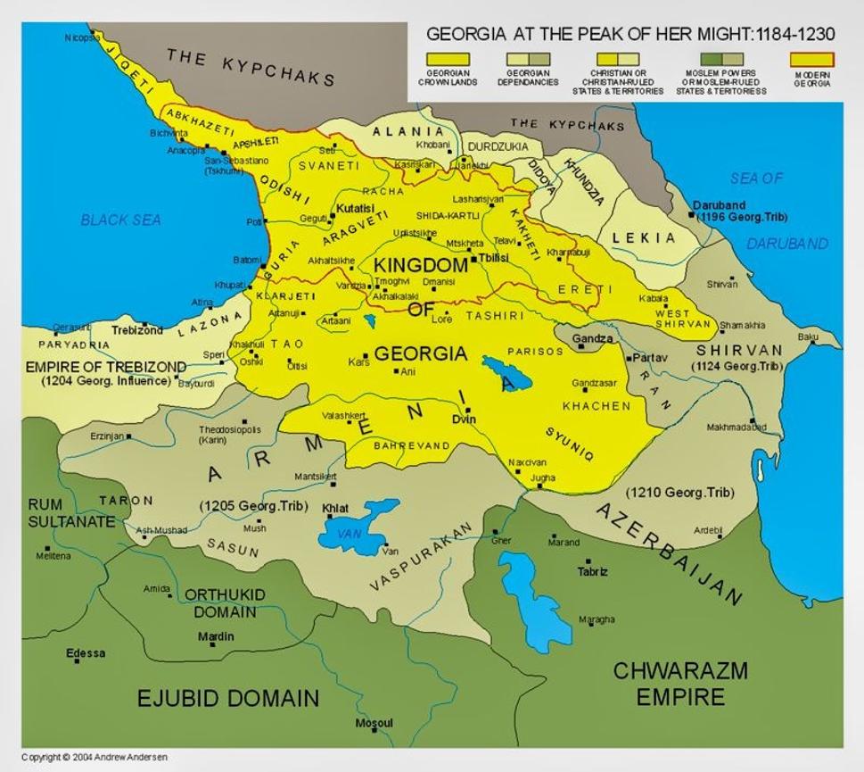 Mapa Gruzínska, počas panovania kráľovny Tamary. Vládla nad územím o rozlohe 5x väčšej, ako dnešné Slovensko. Dnes leží Vardzia na okraji Gruzínska, v časoch „zlatého veku Gruzínska“ bola v centre kráľovstva, viedli ňou hlavné obchodné cesty.