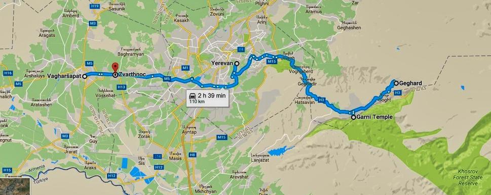 Mapa so znázornením našej cesty autom k pamiatkam: kláštoru Geghardavank, pohanskému chrámu v Garni, arménskemu „Vatikánu“ Ečmiadzin (mesto Vagharšapat) a ruín katedrály Zvarhnots.