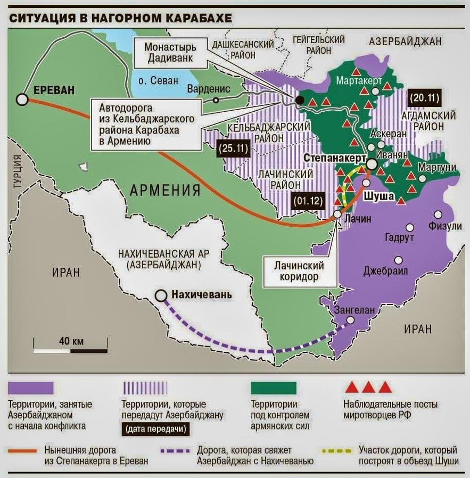 Mapa so znázornením nového rozdelenia územia bývalého Náhorného Karabachu, ktoré bolo dohodnuté pri podpísaní prímeria 10.11.2020.