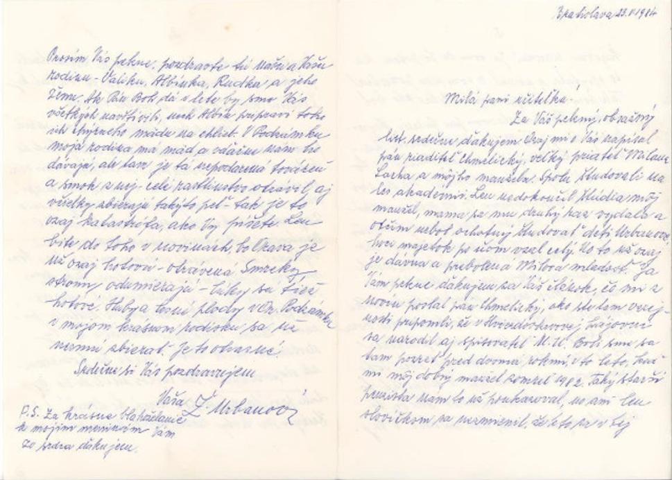Dopis z roku 1984 Žofie Urbanovej