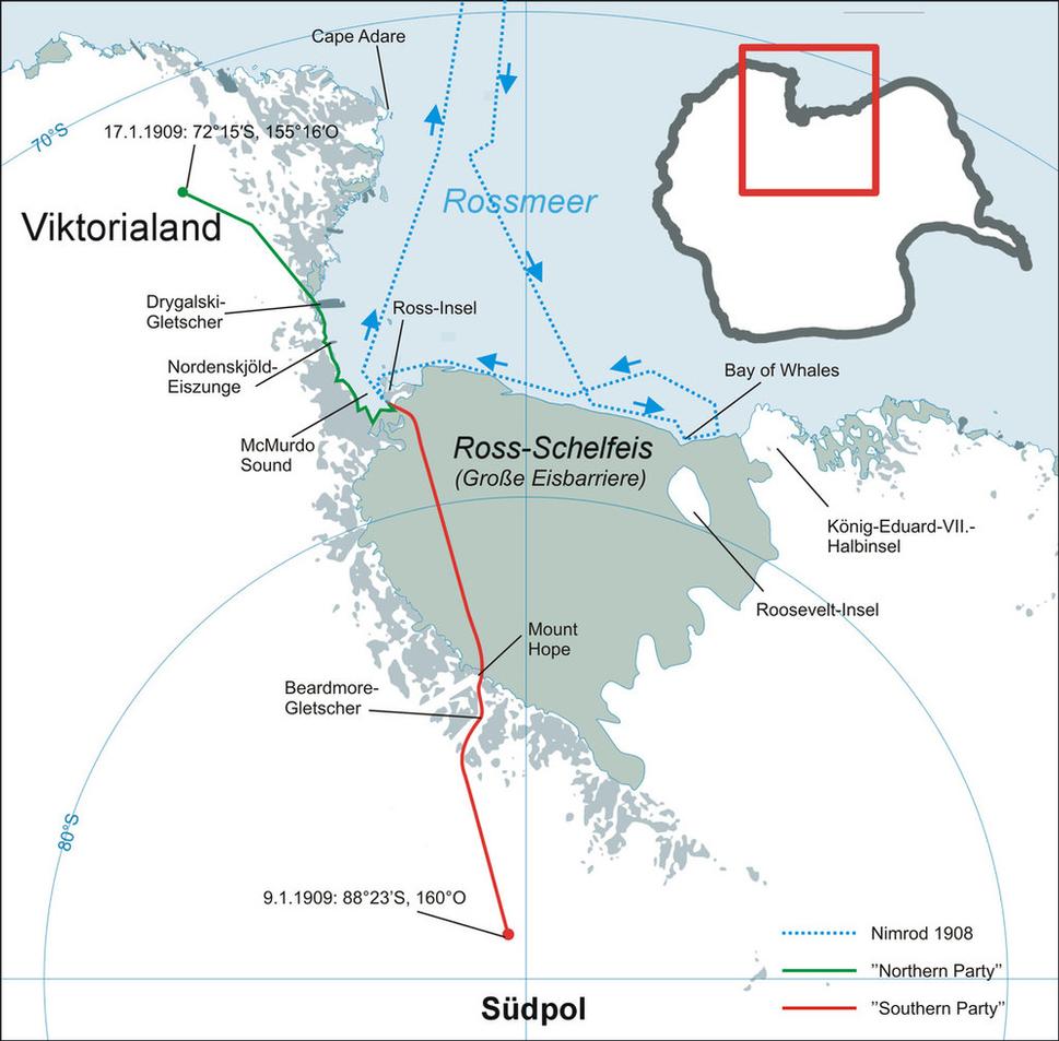 Mapa s vyznačením polárnych výprav počas Expedície Nimrod. Zelená trasa predstavuje výpravu k južnému magnetickému pólu, červená k južnému zemepisnému pólu. Modrá čiarkovaná čiara je trasa lode Nimrod z roku 1908.