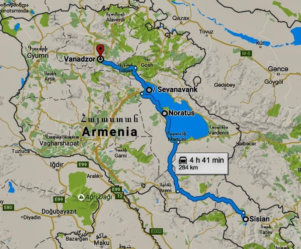 Mapa našej dnešnej cesty autom zo Sisian do Vanadzoru.
