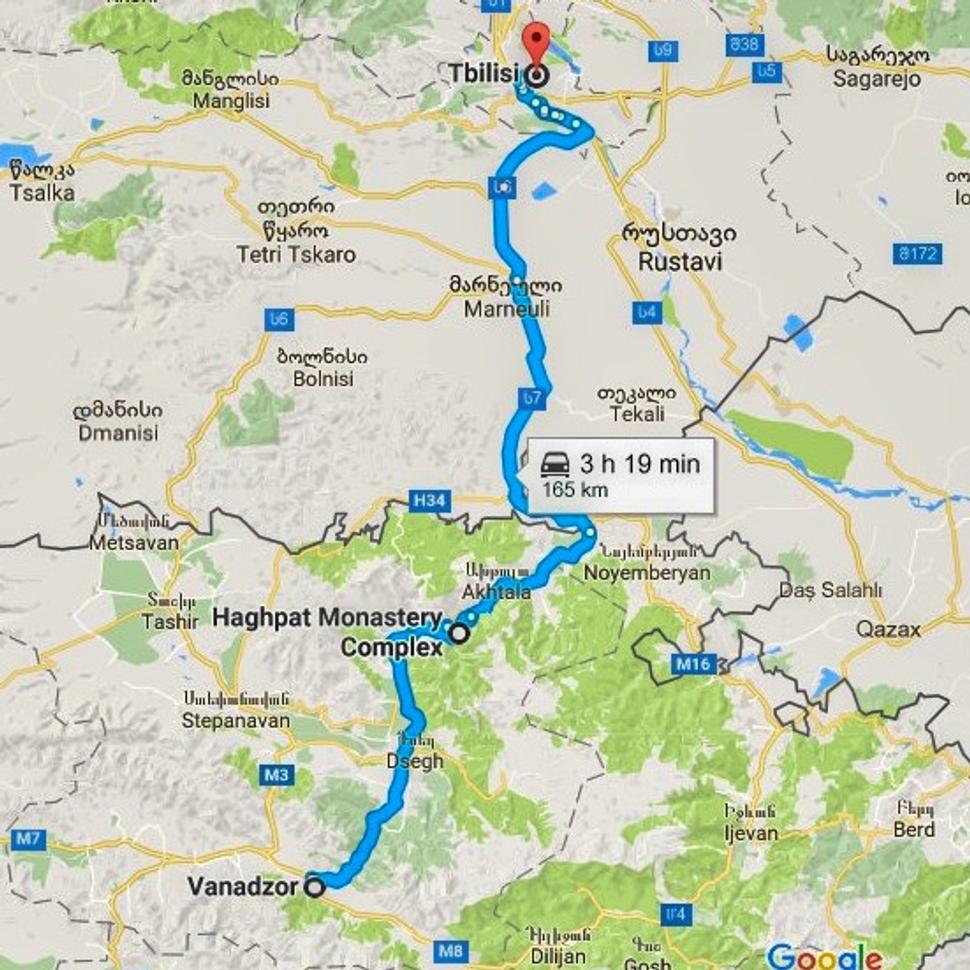 Mapa s našou cestou autom z Vanadzoru do Jerevanu.