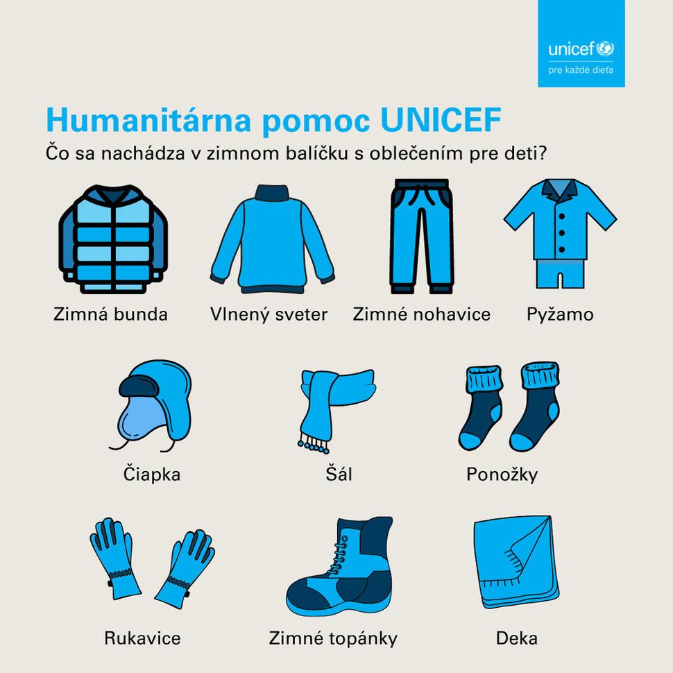 Čo si nájdu deti a ich rodiny v zimnom balíku pomoci, ktorý distribuuje UNICEF, aby im tak uľahčil prežiť dlhú a tuhú zimu