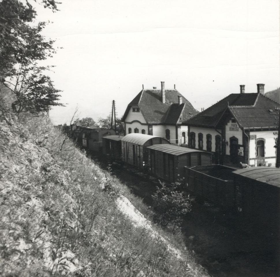 V súčasnosti najstaršia zachovalá fotografia žel. stanice. V popredí prechádza nákladný vlak SŽ s rušňami 534.01 a 524.1. (zdroj: archív Múzejno-dokumentačného centra ŽSR VVÚŽ)
