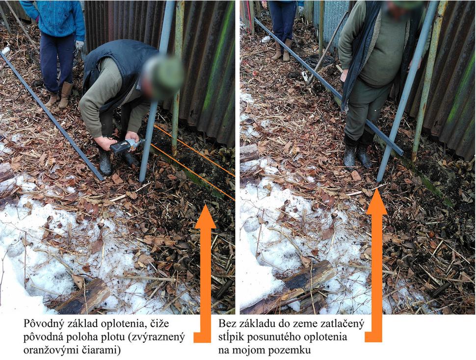 Fotografie z neoprávneného zabratia pozemku bratom politika, priamo pred mojimi očami a za ľahostajného prizerania sa polície. Na fotografiách je dobre viditeľná pôvodná poloha oplotenia (betónový základ) a posunutá poloha už na mojom pozemku.