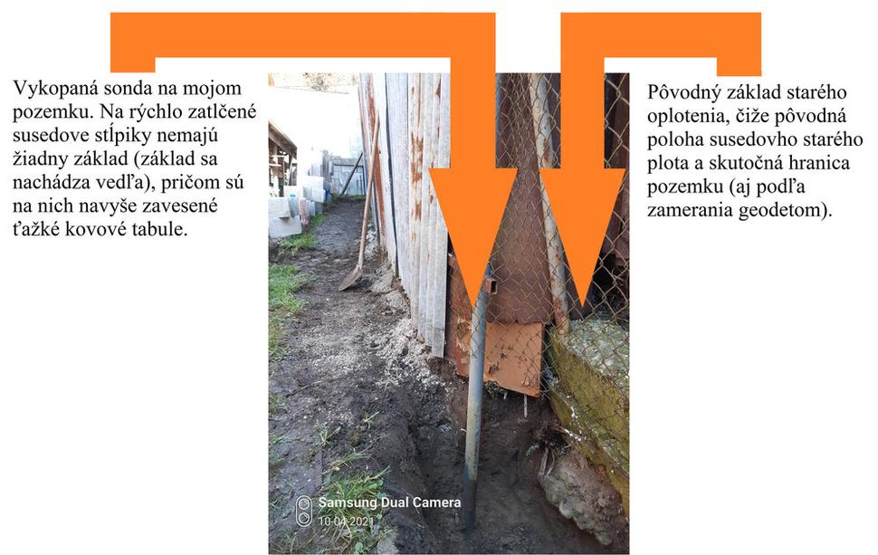 Vykopaná sonda pod jedným zo stĺpikov posunutého oplotenia na mojom pozemku, z ktorej je aj slepému zrejmé, že posunutý plot nemá základ, ktorý si zrejme zabudol na svojom pôvodnom mieste, ktoré je tiež dobre viditeľné ...