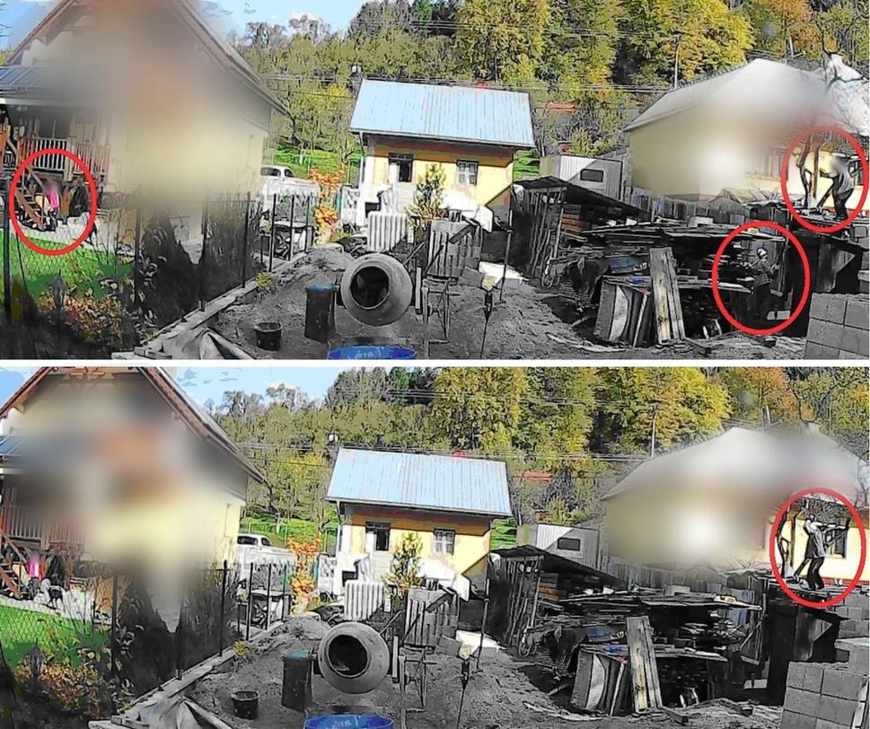 Snímky z videozáznamu, ako sa sused pokúsil hodiť mi do hlavy ťažkú skalu - kričal, že mi rozbije hlavu a zabije ma. Celé jeho vyčíňanie videlo malé dieťa.