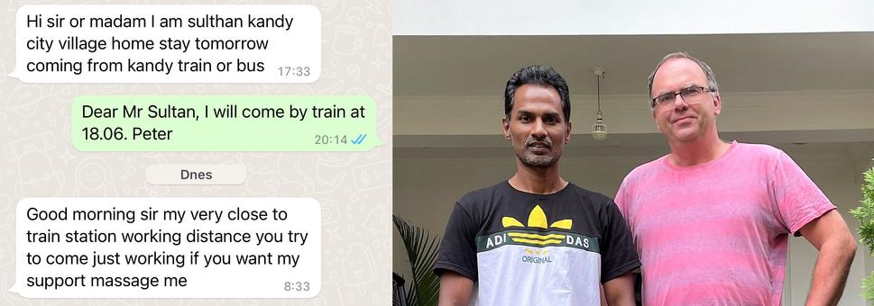 V Kandy som si zabezpečil ubytovanie cez Booking. Domáci, Sulthan, mi napísal veľmi milú správu plnú rozkošných chýb. Bola to prvá z dlhého radu veľmi pozitívnych skúseností s guesthousmi (a nebolo treba nikoho masírovať).
