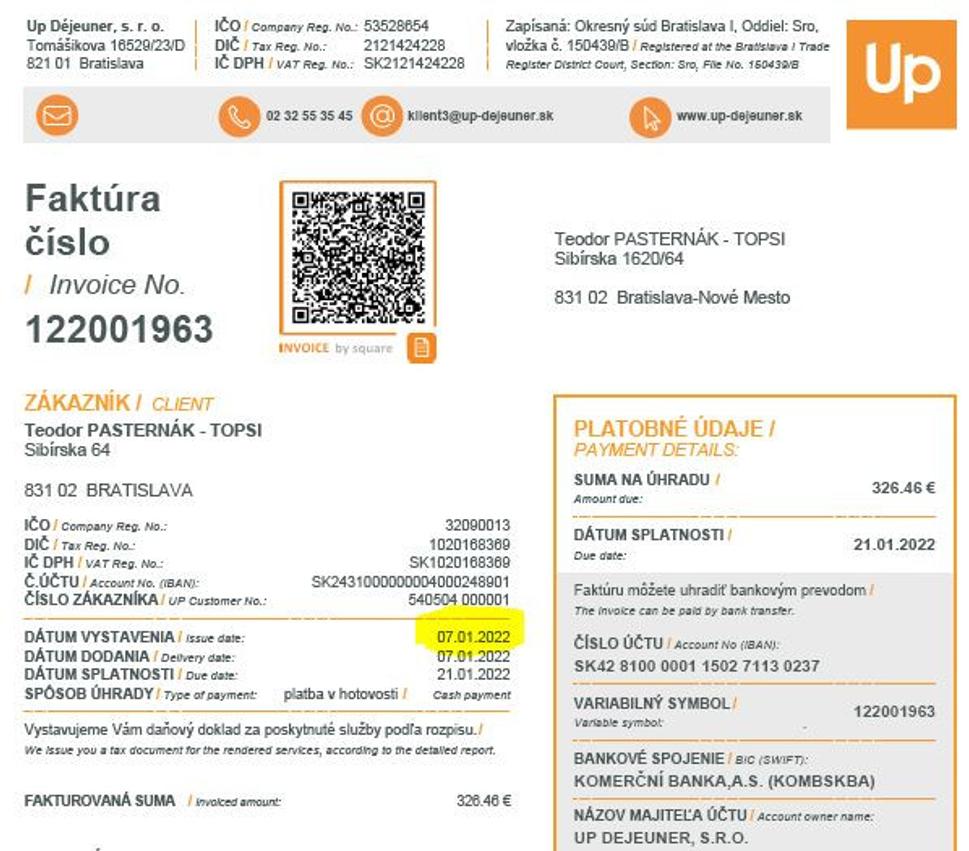 Dátum vystavenia faktúry Up Déjeuner svedčí o tom, že moje gastrolístky boli k dispozícii v deň telefonátu s pani Géciovou, a tá - namiesto overenia stavu - len trepala dve na tri.