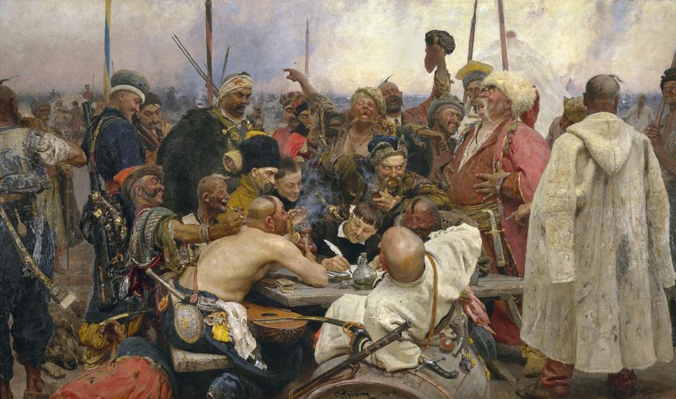 Záporožskí kozáci píšuci list osmanskému sultánovi od Iľju Repina