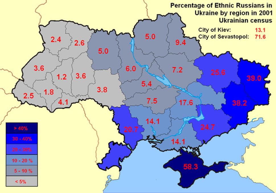 Percento etnických Rusov podľa sčítania ľudu na Ukrajine v roku 2001