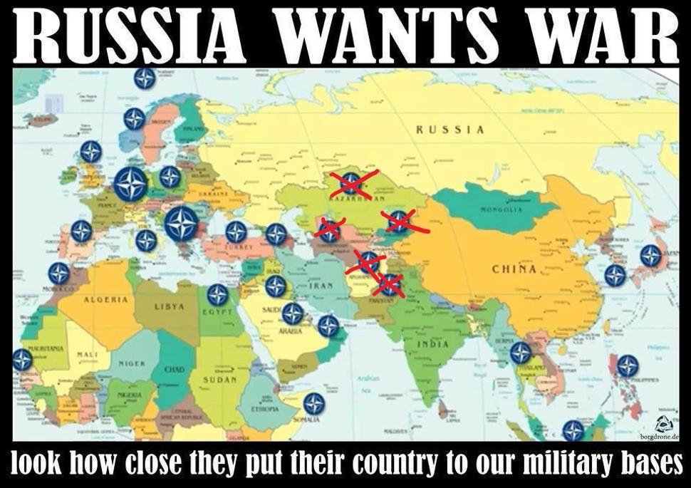Mapa údajných základní NATO okolo Ruska