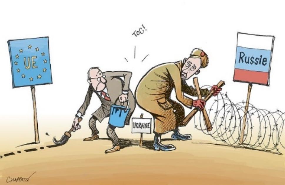 Karikatúra o zrážke EÚ a Ruska nad Ukrajinou