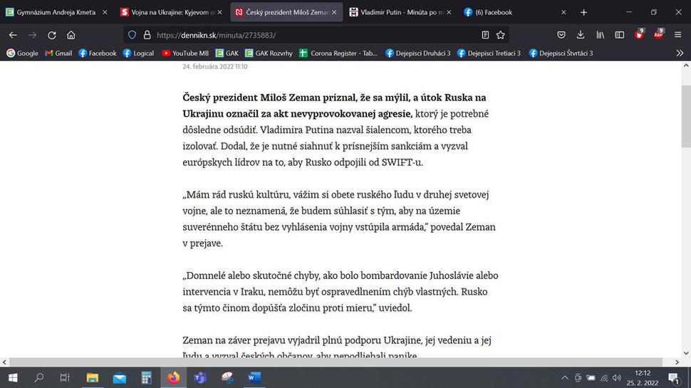 Vyjadrenie českého prezidenta Zemana o ruskej invázii