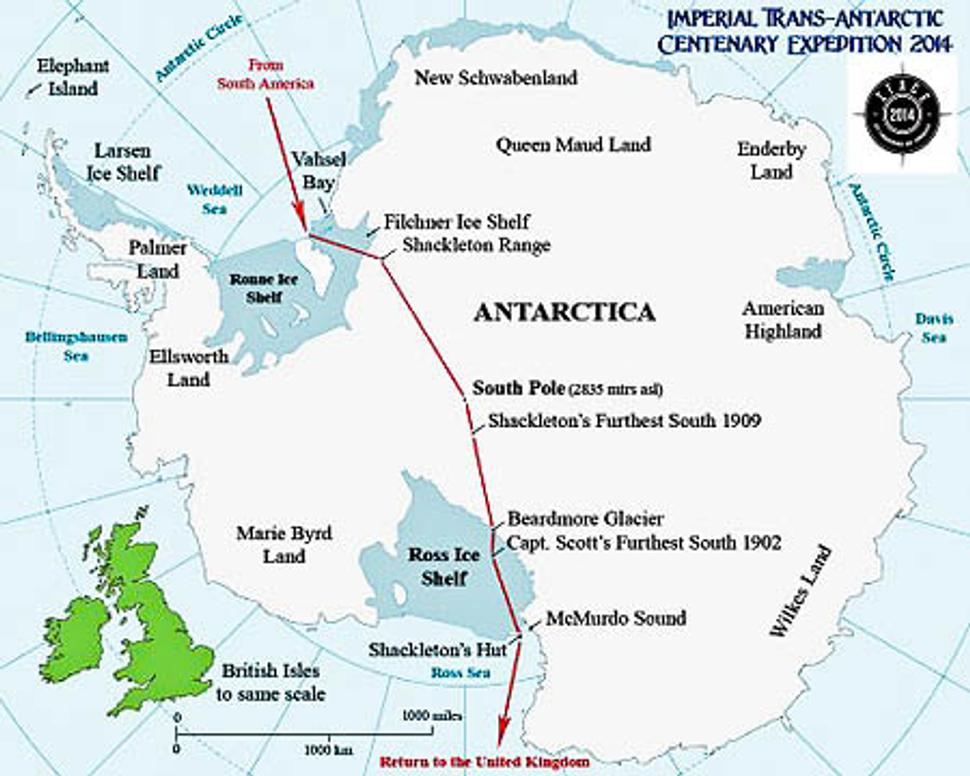 Trasa Imperiálnej transantarktickej expedície (1914 - 1917) mala viesť od Vahselovej zátoky vo Weddelovom mori cez južný pól, až do zálivu McMurdo Sound v Rossovom mori.
