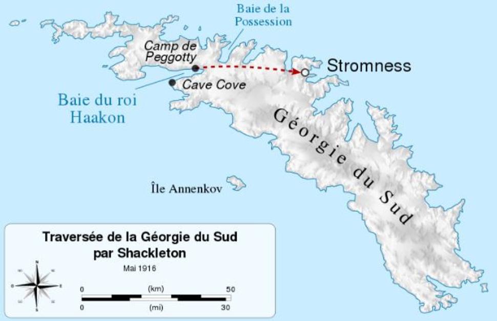 Ostrov South Georgia s miestom pristátia člna James Caird a orientačnou trasou prechodu cez horský hrebeň do veľrybárskej stanice Stromness.