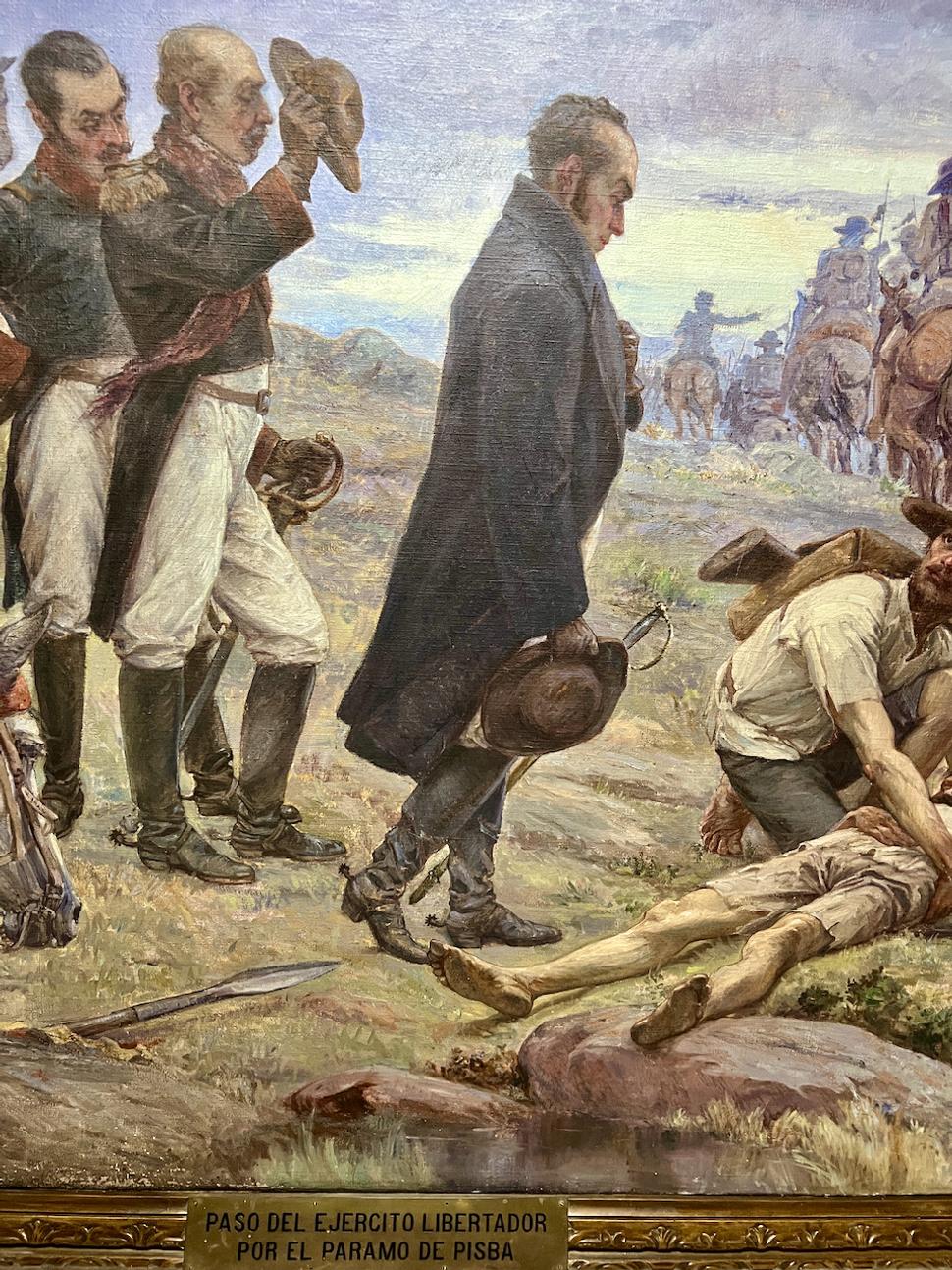 Detail dobovej olejomaľby, kde je vidno Bolívara aj s mečom.