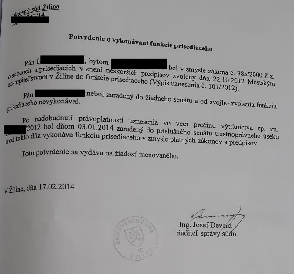Potvrdenie o nevykonávaní funkcie prísediaceho z dôvodu jeho trestného stíhania.