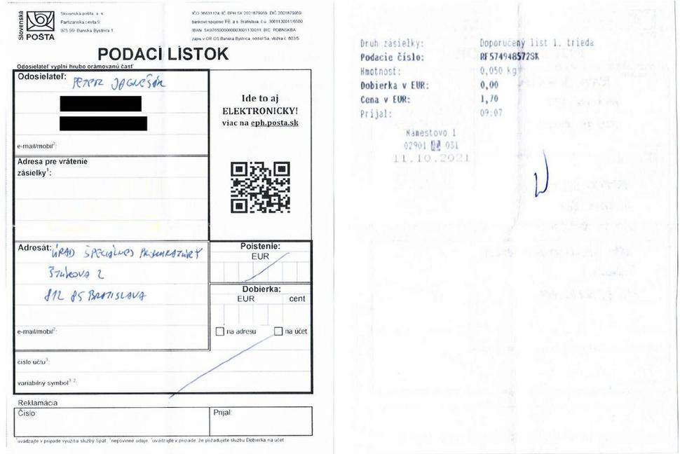 Podací lístok k doporučenému listu, ktorým som toto podozrenie oznámil Úradu špeciálnej prokuratúry.