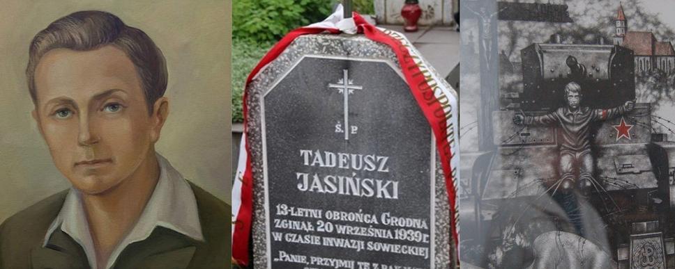Tadeusz Jasiński stvárnený miestnym umelcom a jeho náhrobok v Grodne.